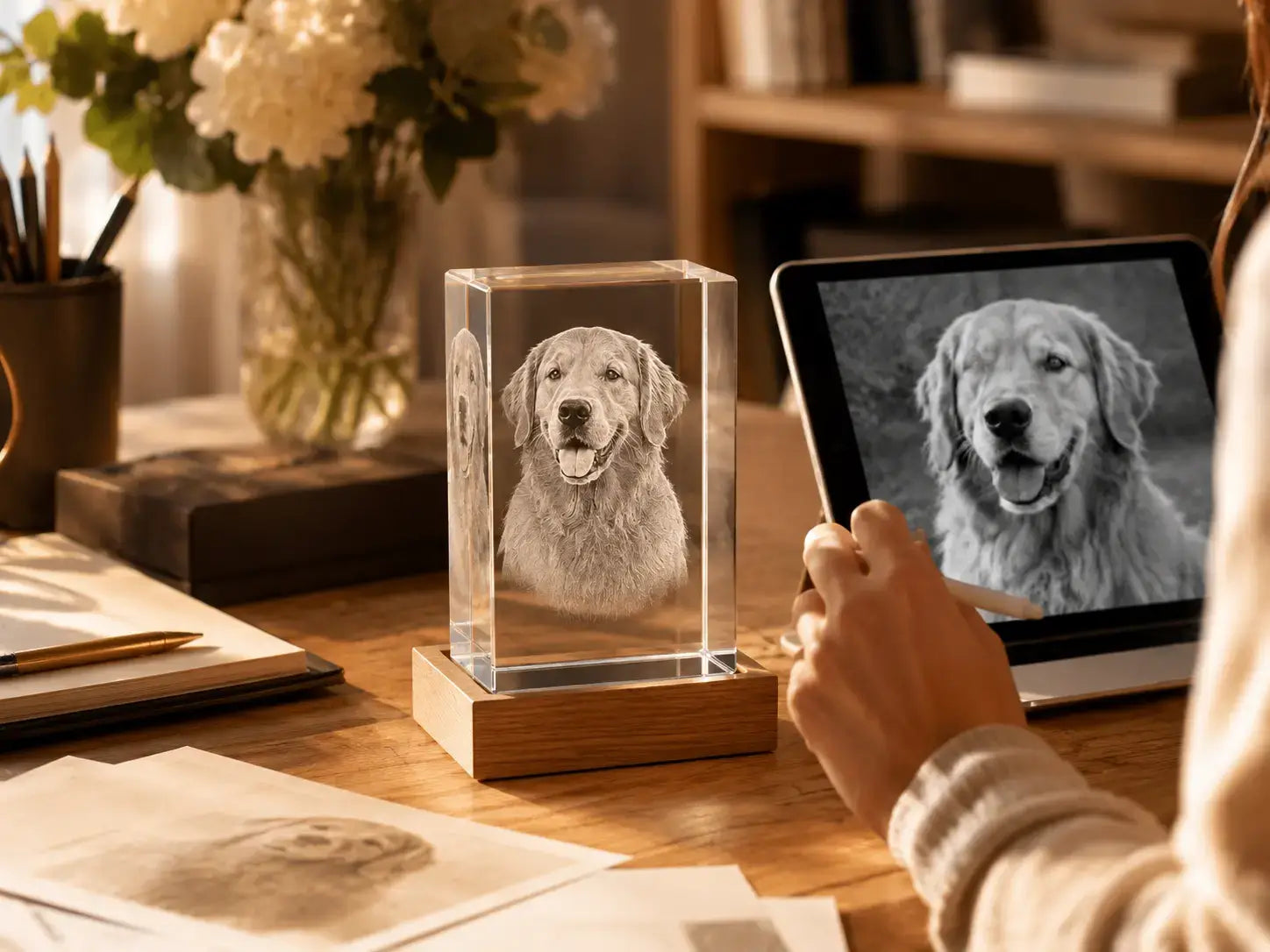 3D crystal engraving process showing a pet photo transformed into a personalised crystal dog keepsake