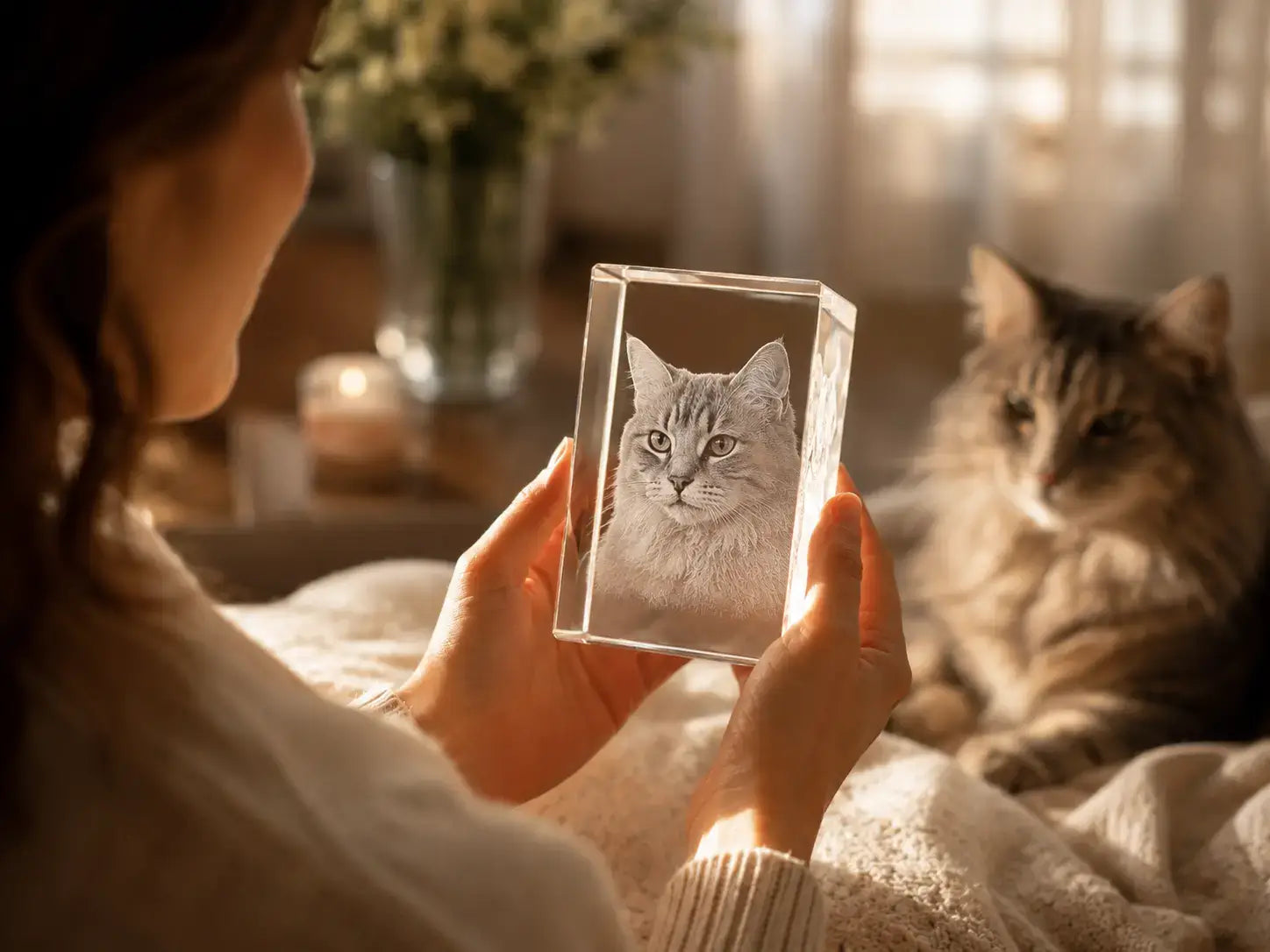 Cat memorial gift with a personalised 3D crystal photo keepsake, preserving a cherished cat memory