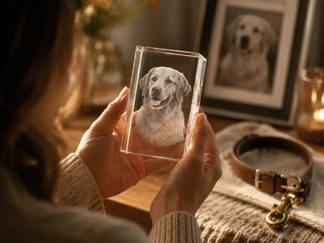 Dog memorial gift with a personalised 3D crystal photo keepsake, created to honour a beloved companion