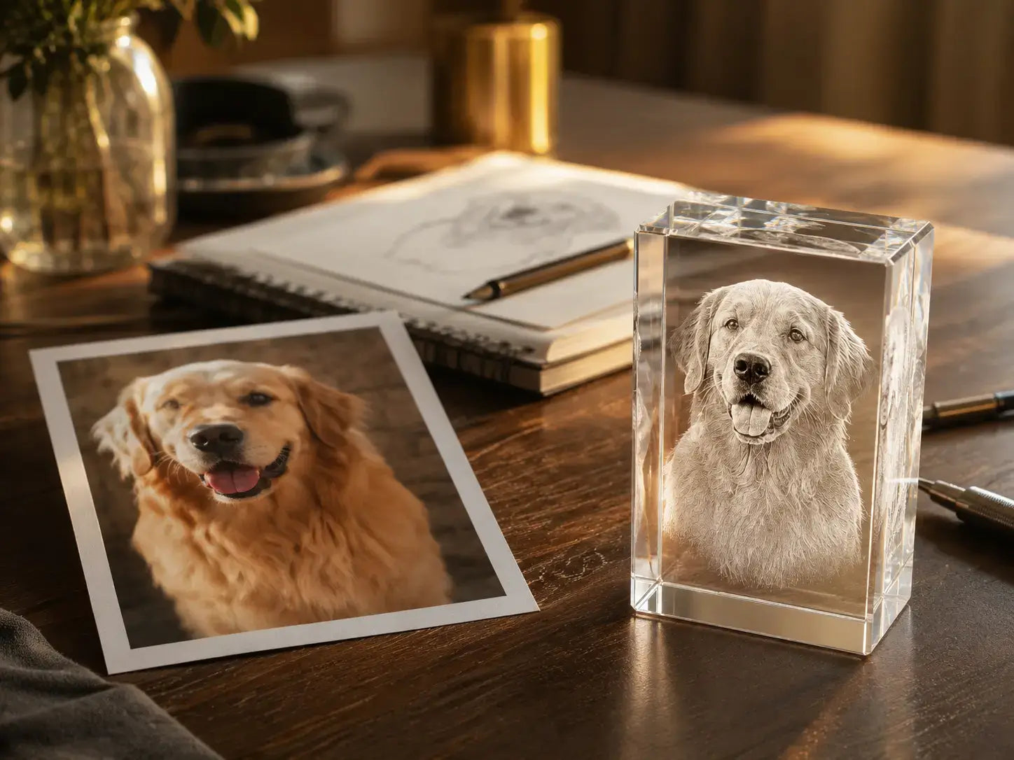 From pet photo to 3D crystal gift, showing a personalised dog photo transformed into a crystal keepsake