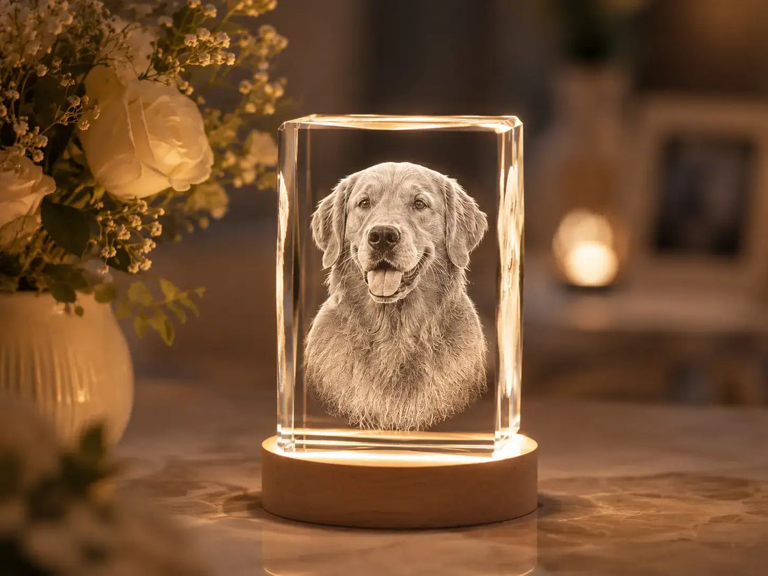 Premium K9 crystal pet memorial gift with engraved dog portrait glowing on a wooden LED light base