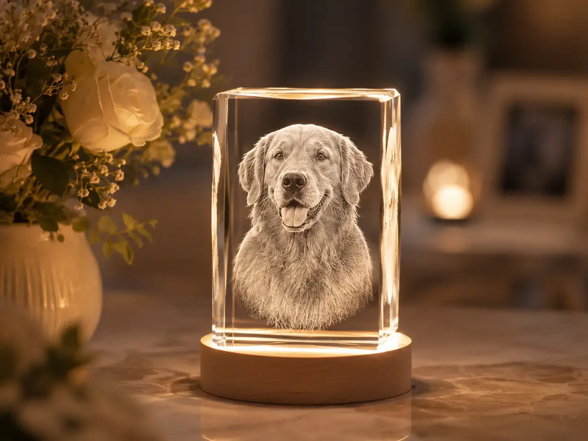 Premium K9 crystal pet memorial gift with engraved dog portrait glowing on a wooden LED light base