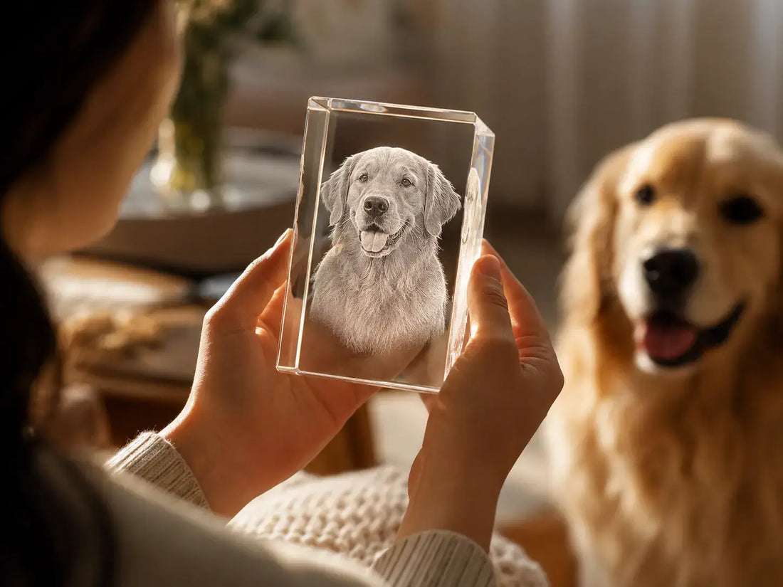 Personalised 3D crystal pet photo gift with engraved dog portrait, a heartfelt keepsake for pet lovers