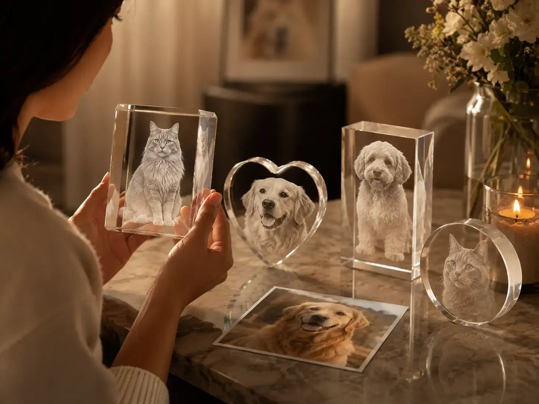 Personalised pet memorial gift options in different crystal shapes for dogs and cats