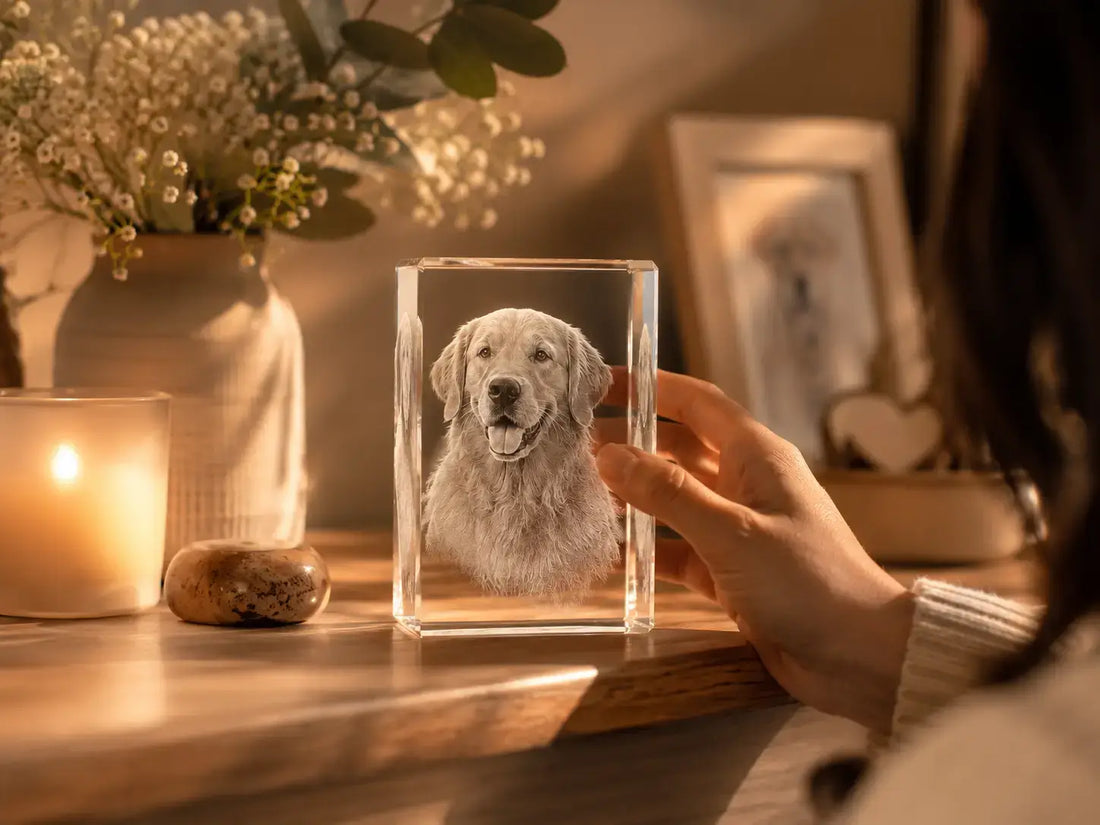 Personalised pet memorial gift featuring an engraved dog portrait in a clear 3D crystal keepsake