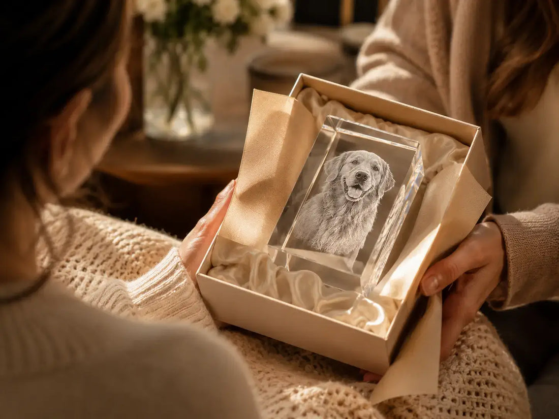 Thoughtful pet loss gift with a personalised 3D crystal dog photo keepsake presented in an elegant gift box