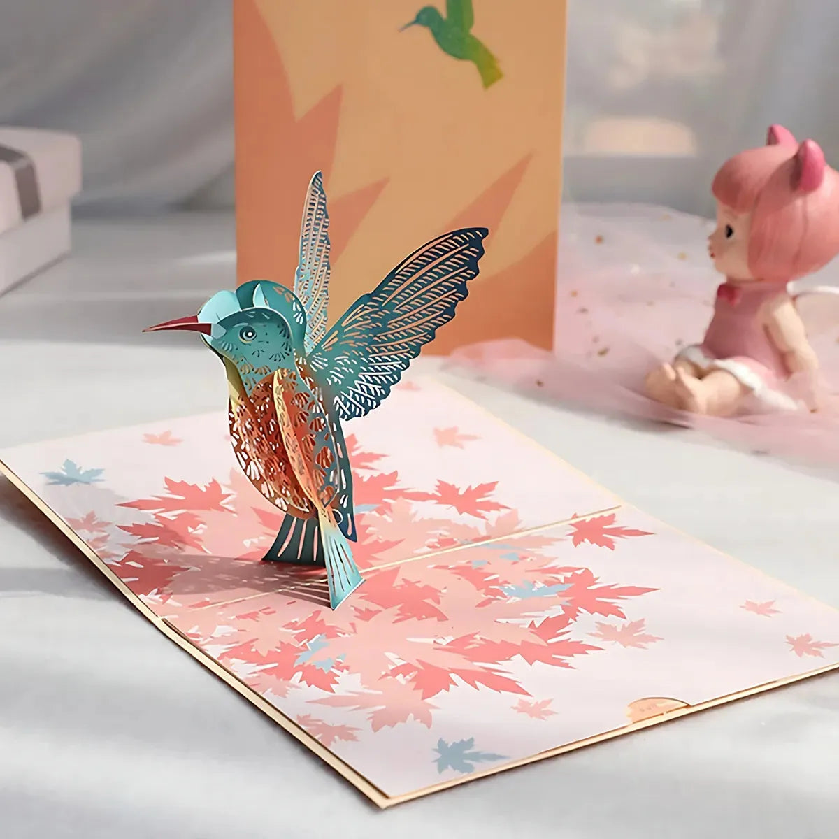 3D bird pop up greeting card with soft background design, elegant laser cut greeting card in Australia