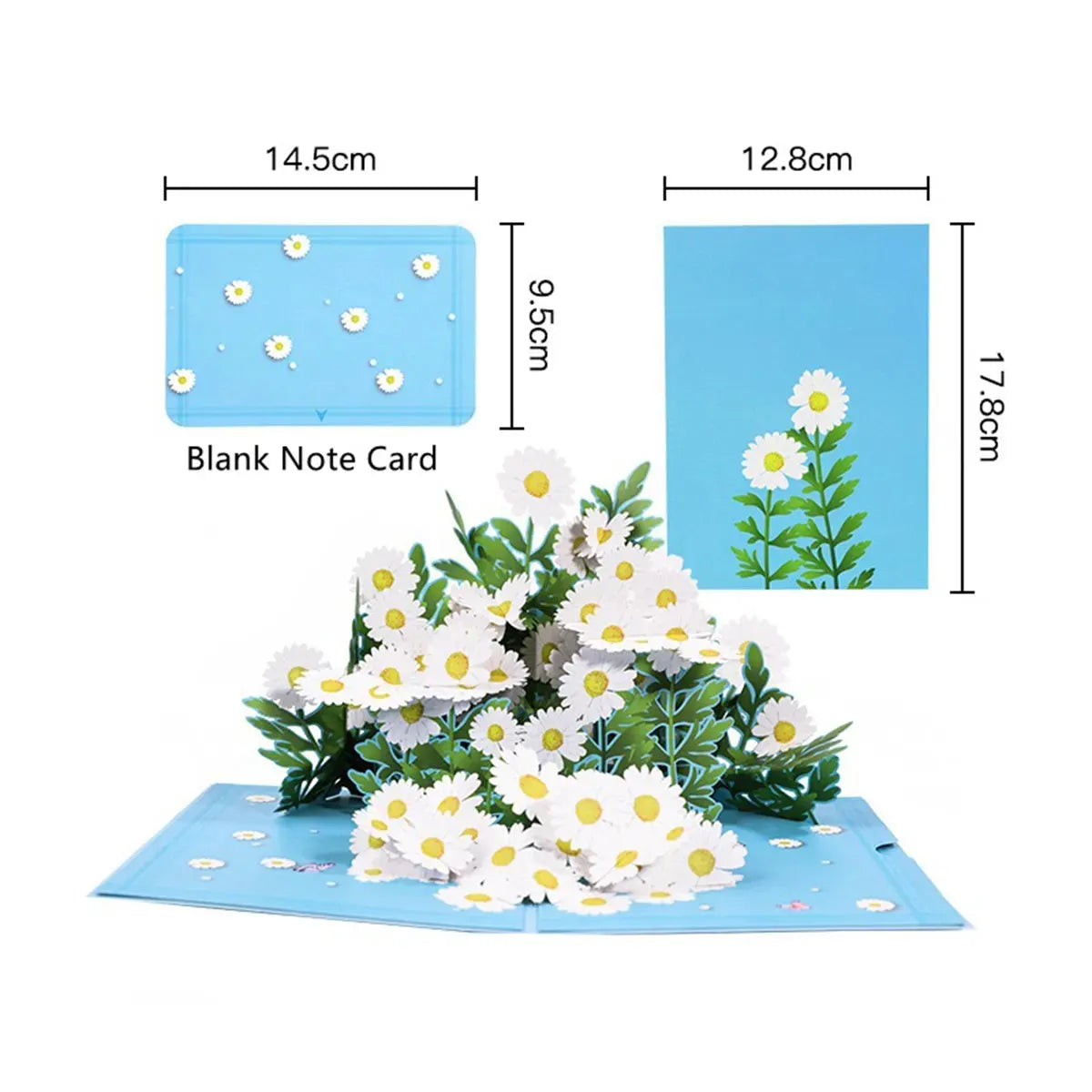 3D daisy pop up greeting card size dimensions guide, floral gift card design in Australia
