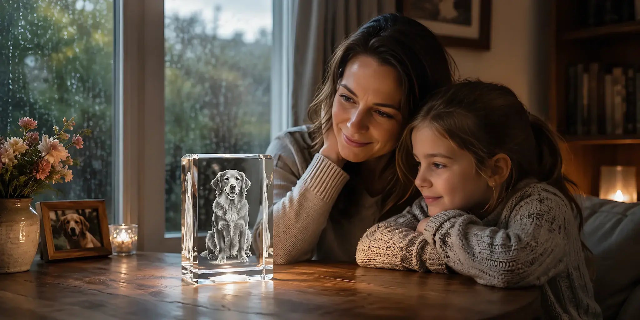 A heartfelt dog memorial keepsake showing a personalised 3D crystal pet photo gift displayed in a warm family home.