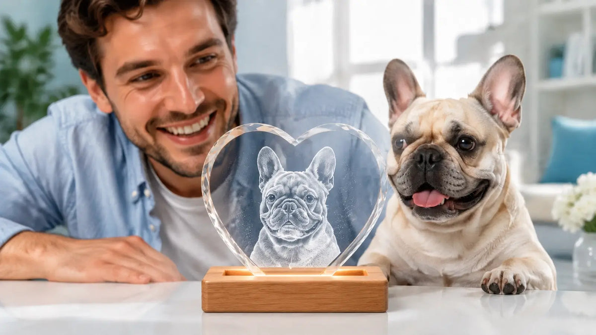 Man and his French bulldog beside a personalised heart-shaped 3D crystal pet photo gift on a wooden LED base.