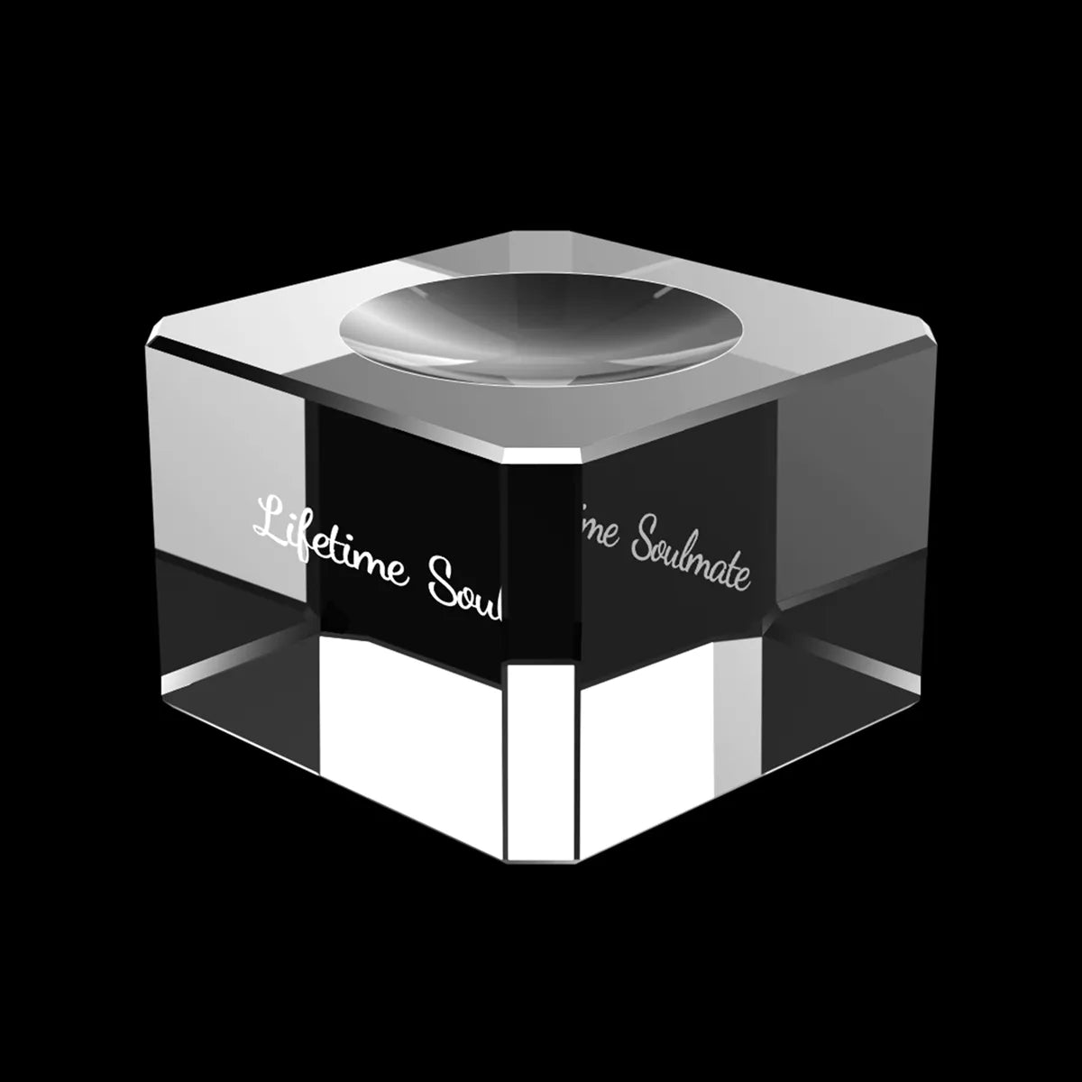 Crystal base with custom text for 3D crystal ball gifts, shown from an angled view