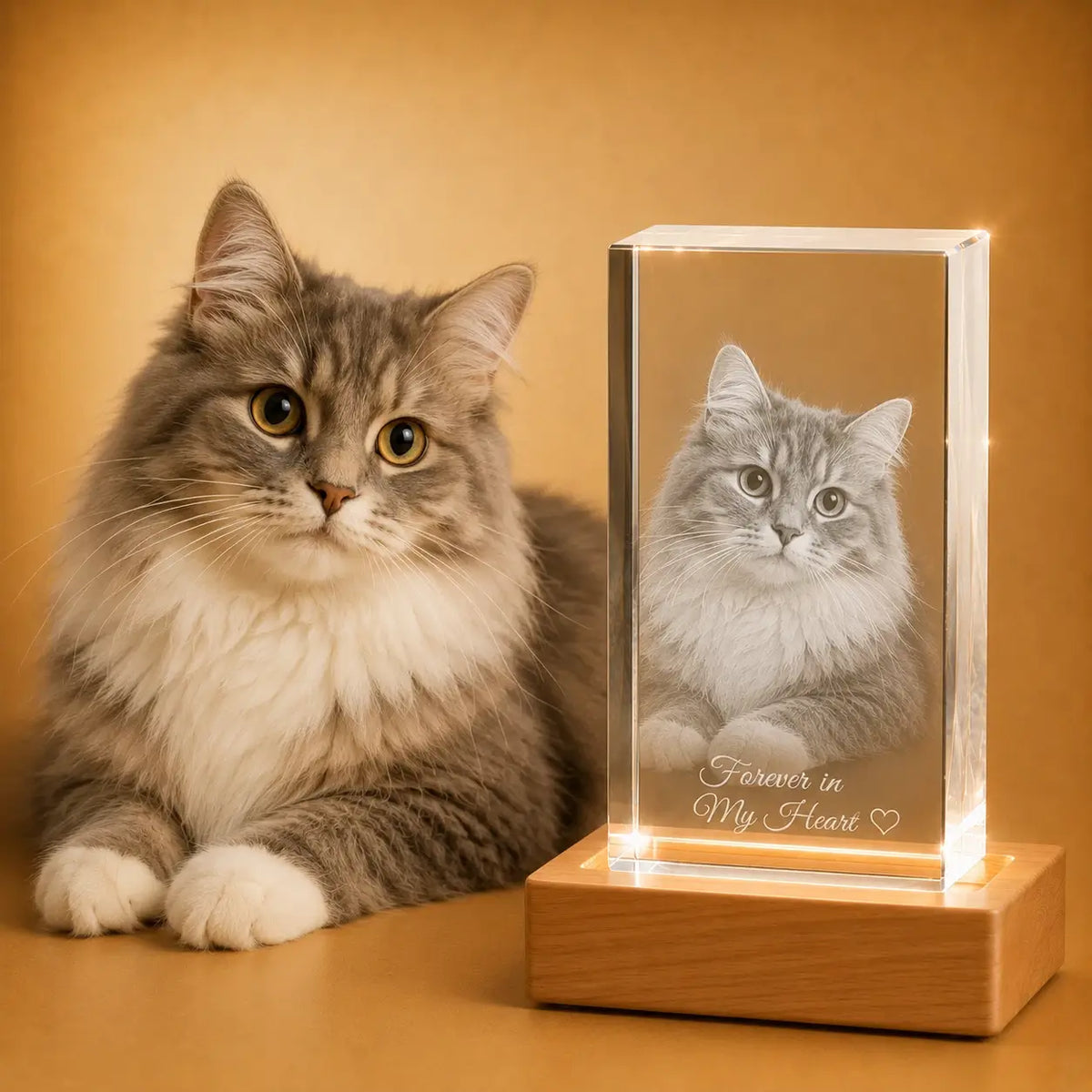 Personalised cat portrait engraved inside vertical 3D crystal