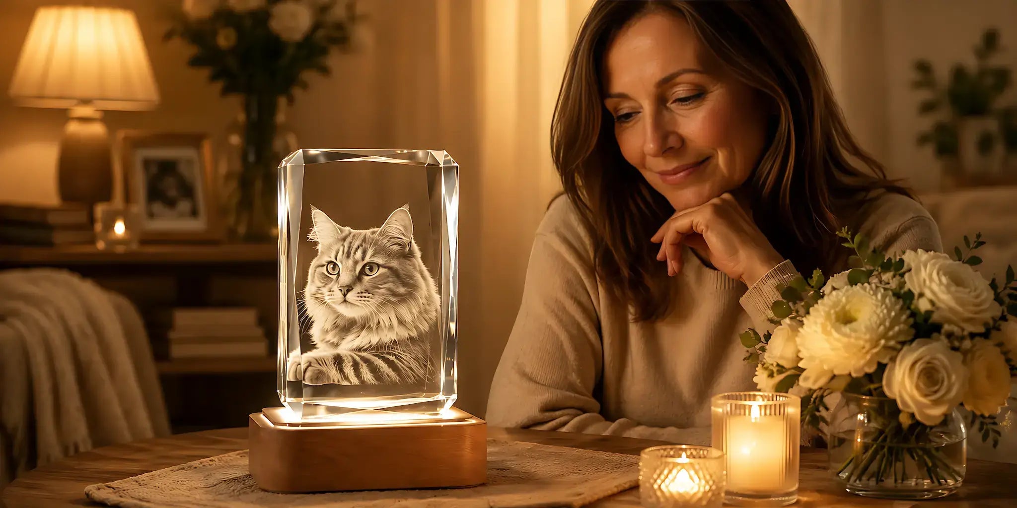 Cat Memorial Gifts banner featuring a personalised 3D crystal cat photo gift with a sparkling engraved crystal keepsake