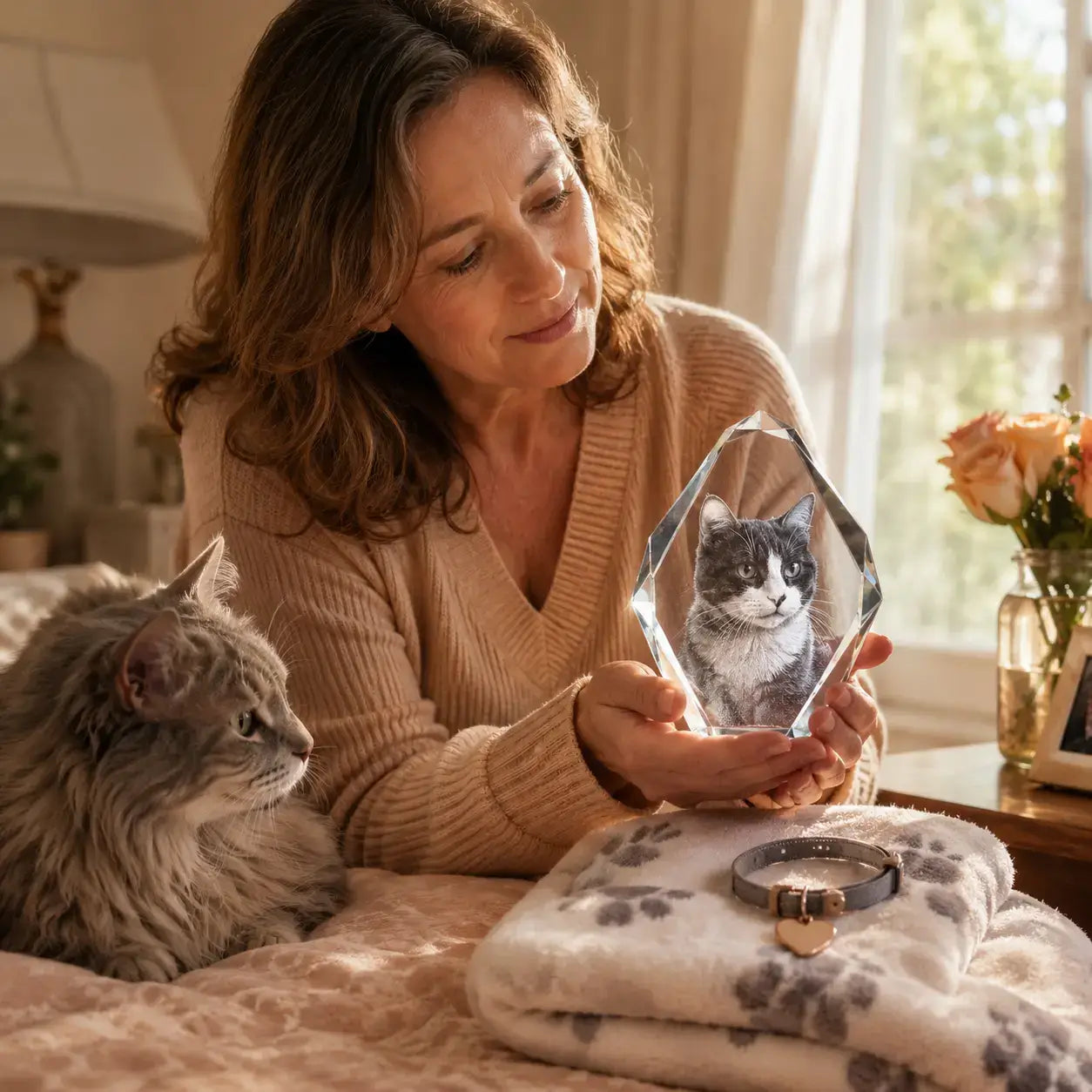 Cat memorial gifts shown with a crystal ball 3D crystal pet photo gift, preserving a cherished cat memory in clear crystal.