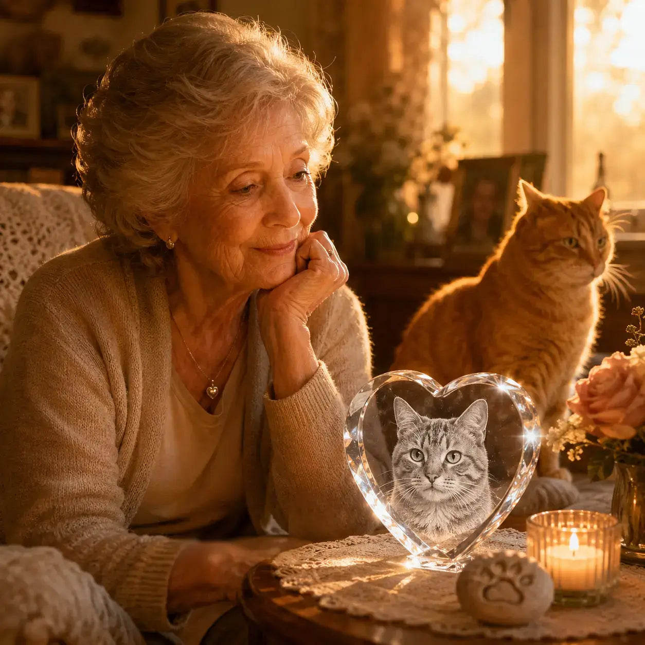 Cat memorial gifts with a personalised heart 3D crystal pet photo gift, featuring a beloved cat portrait in a warm home scene.