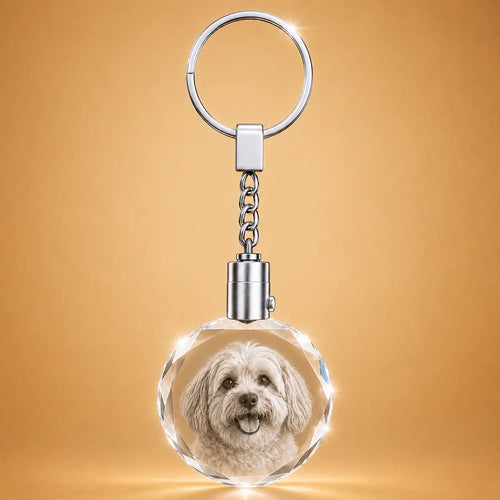 Round 2D crystal pet photo keychain with personalised pet engraving