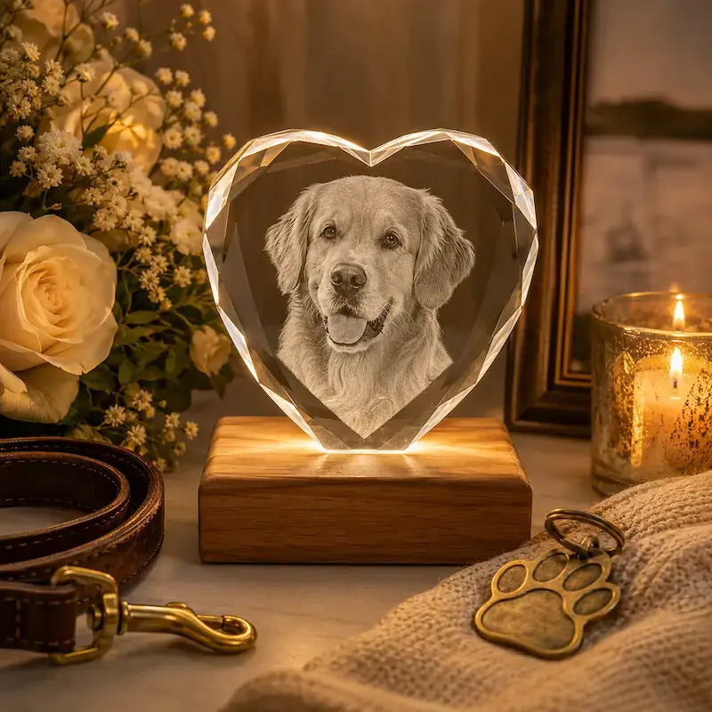 Custom dog memorial gifts featuring a treasured dog photo engraved in crystal.