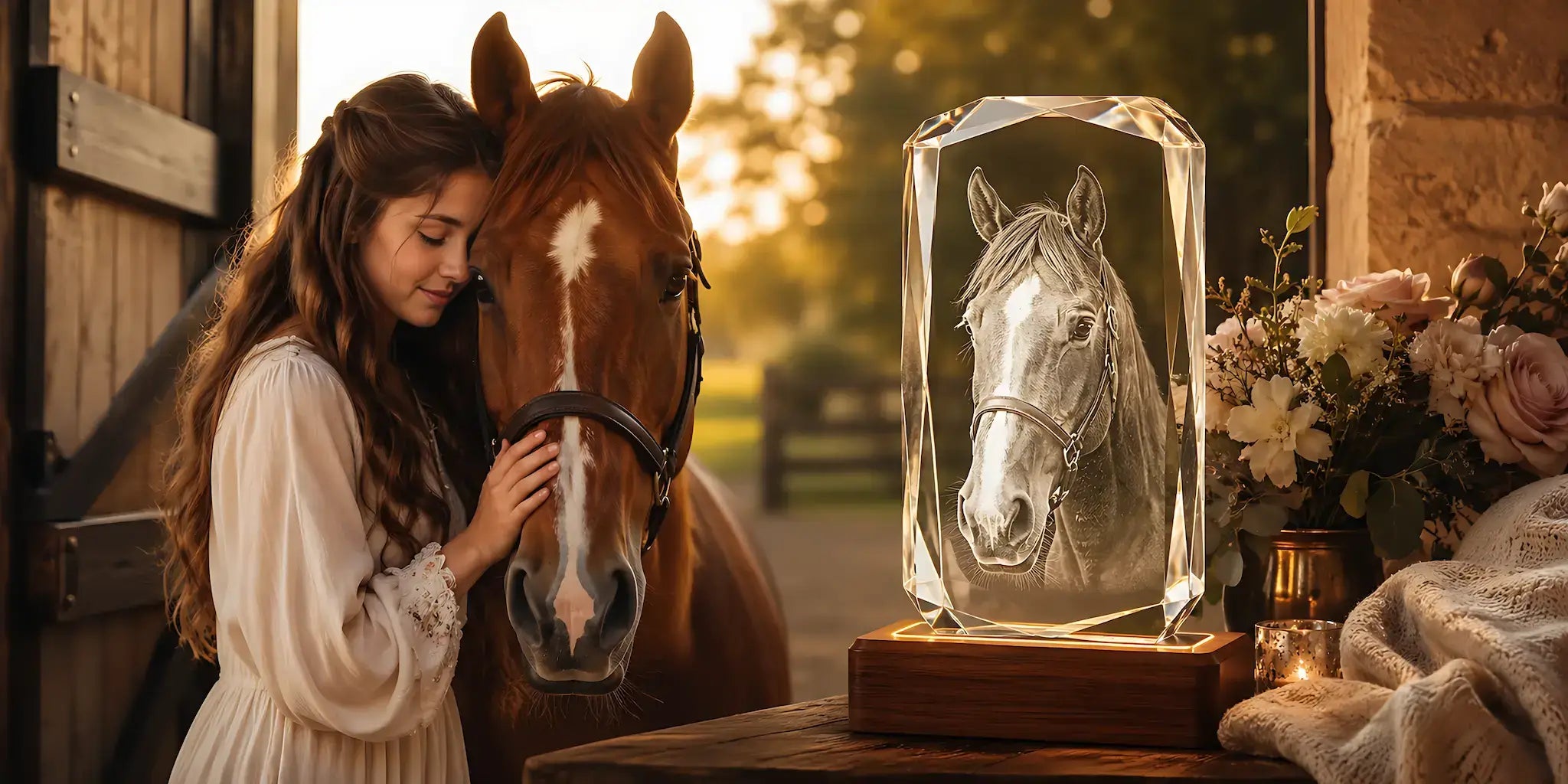 Custom Pet Loss Gifts banner featuring a personalised 3D crystal horse memorial gift with a sparkling engraved crystal keepsake
