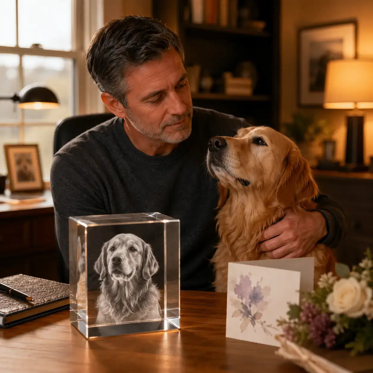 Custom pet loss gifts featuring a personalised 3D crystal pet photo gift with a dog portrait, created as a comforting keepsake.