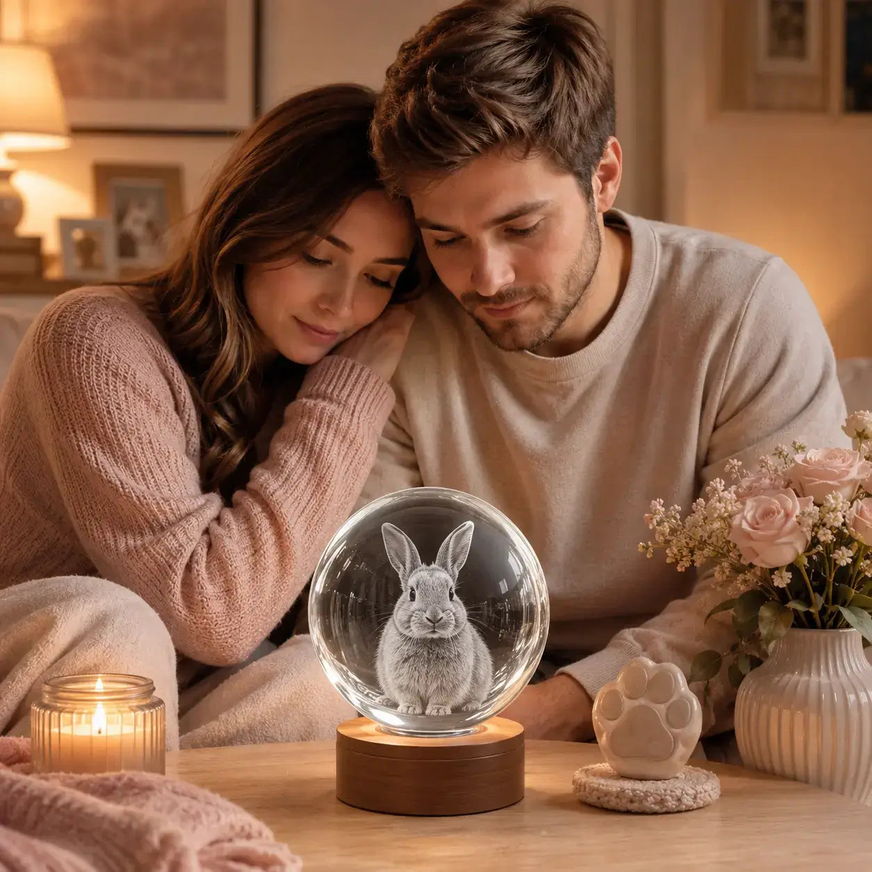 Custom pet loss gift with a rabbit portrait engraved inside a 3D crystal pet photo gift, designed for gentle remembrance.