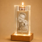 Custom pet memorial crystal candle holder, a thoughtful personalised gift for remembering pets.