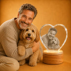Custom pet photo 3D crystal heart keepsake, a unique personalised gift for pet owners.