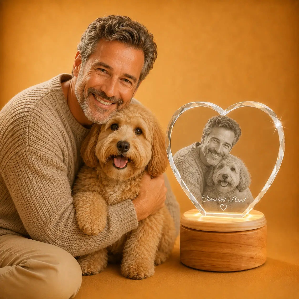 Custom pet photo 3D crystal heart keepsake, a unique personalised gift for pet owners.