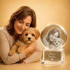 Custom pet photo crystal ball keepsake, a unique personalised gift for pet owners in Australia.