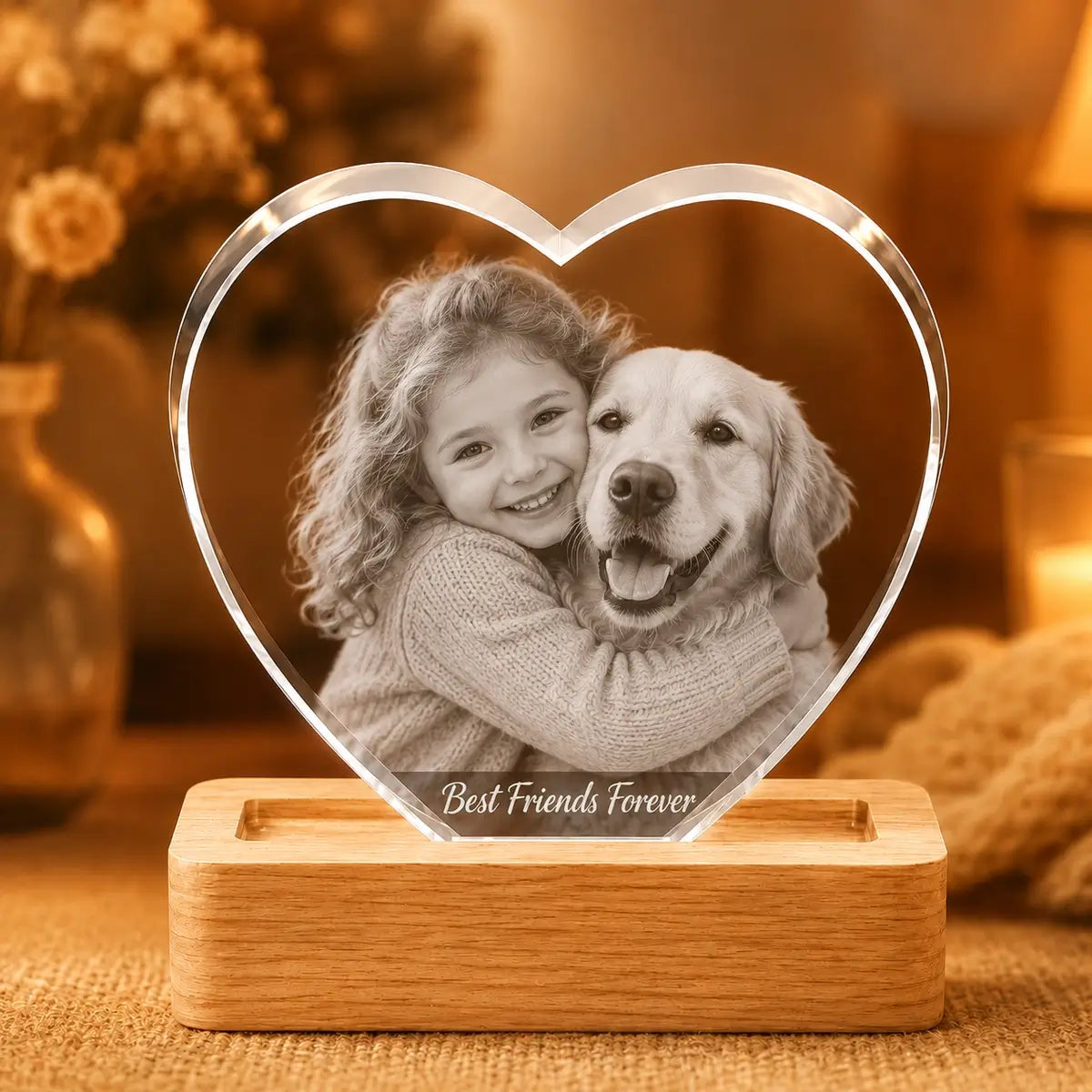 Classic 3D crystal heart pet photo gift, front view