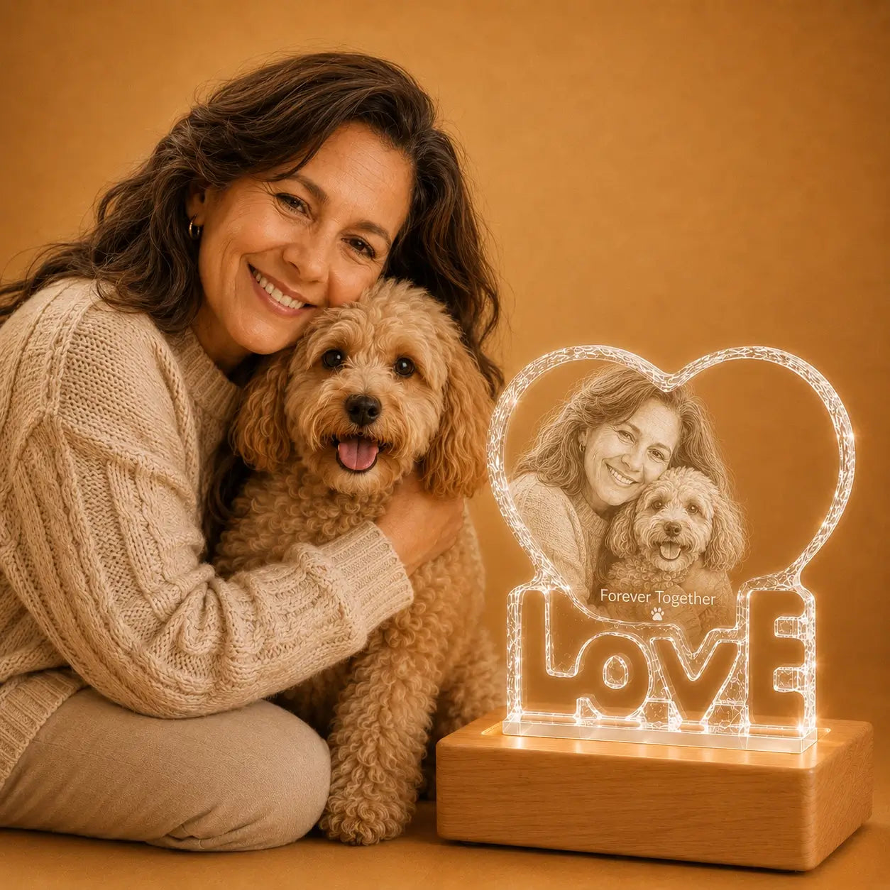 Custom pet photo LOVE crystal heart keepsake, a unique personalised gift for pet owners.