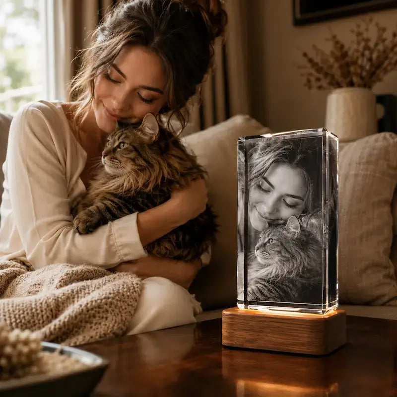 Custom photo gifts for cat lovers with personalised crystal pet photo designs.
