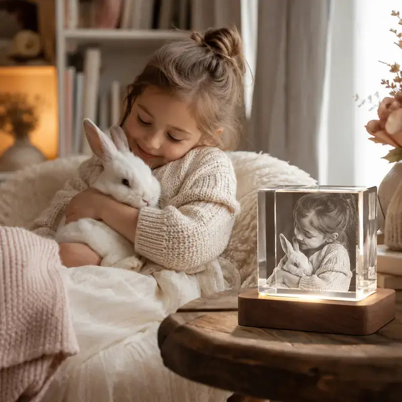Custom photo gifts for pet lovers made as personalised 3D crystal keepsakes.
