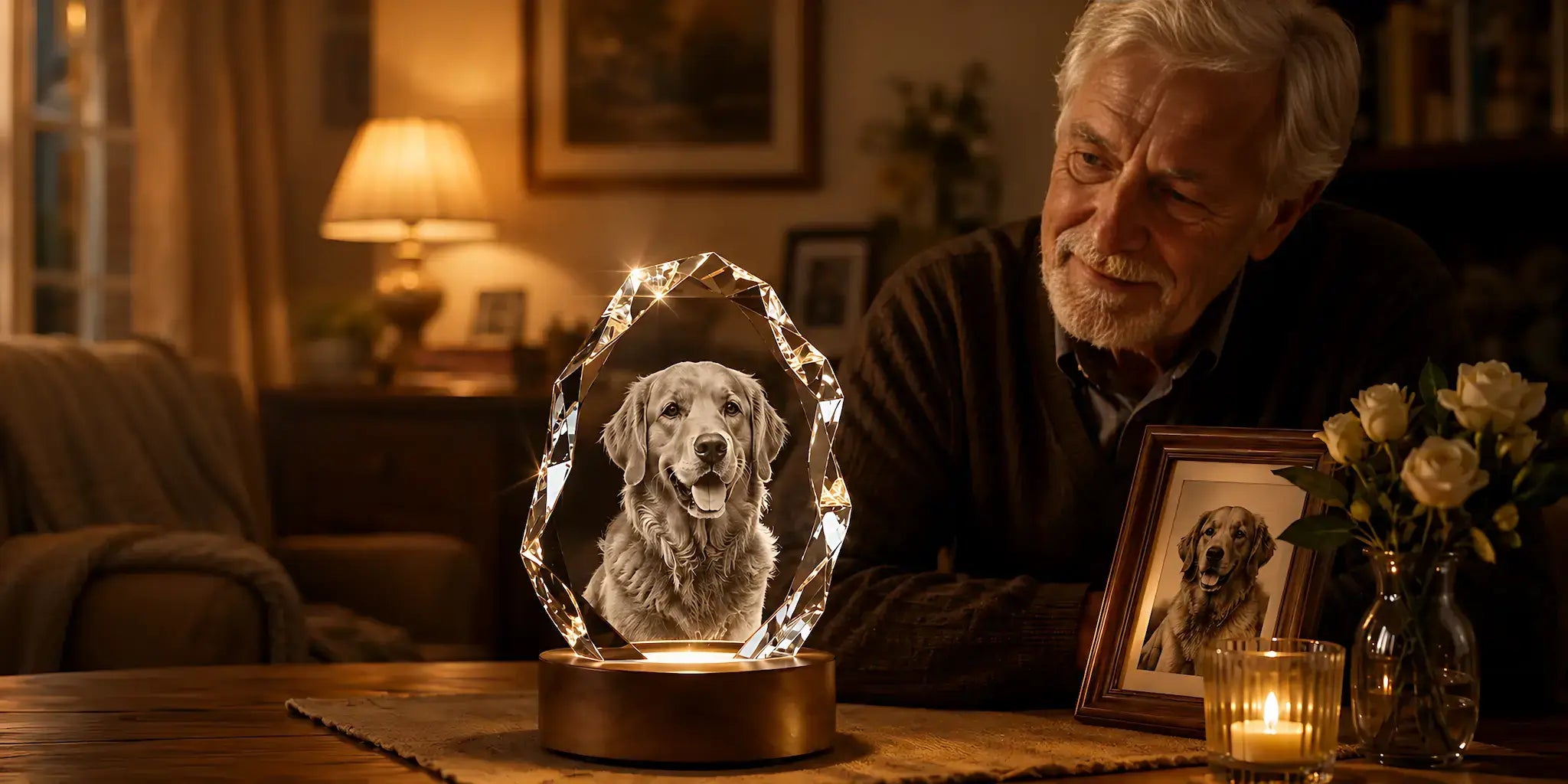 Dog Memorial Gifts banner featuring a personalised 3D crystal dog photo gift with a glowing memorial crystal keepsake