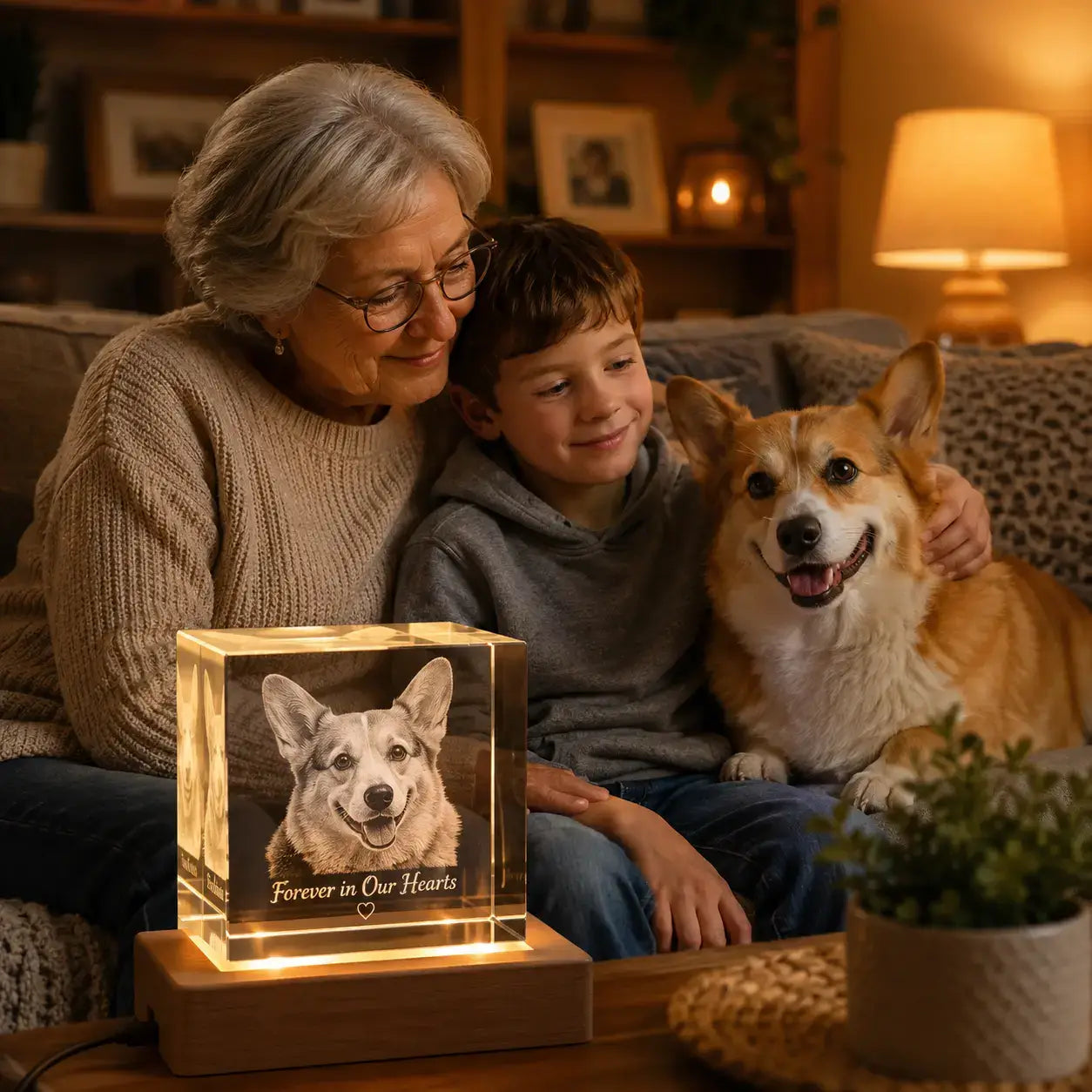 Dog memorial gifts with a glowing cube 3D crystal pet photo gift, honouring a beloved corgi in a warm family scene.