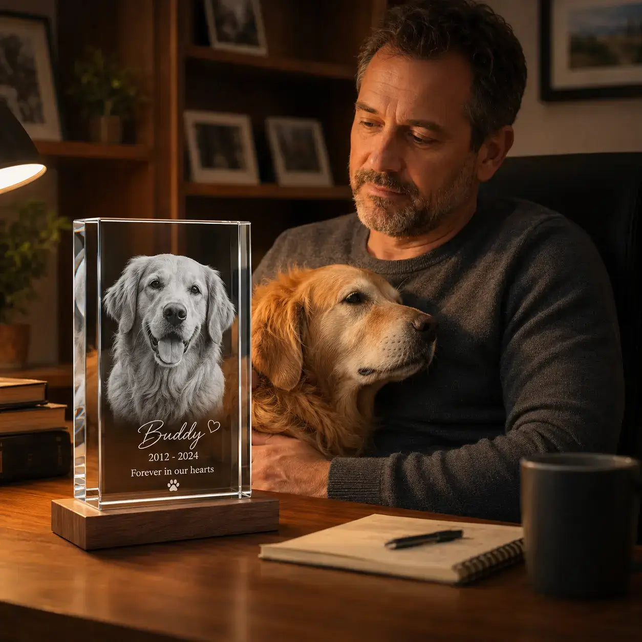 Dog memorial gifts featuring a portrait-style 3D crystal pet photo gift, preserving the memory of a loyal companion.