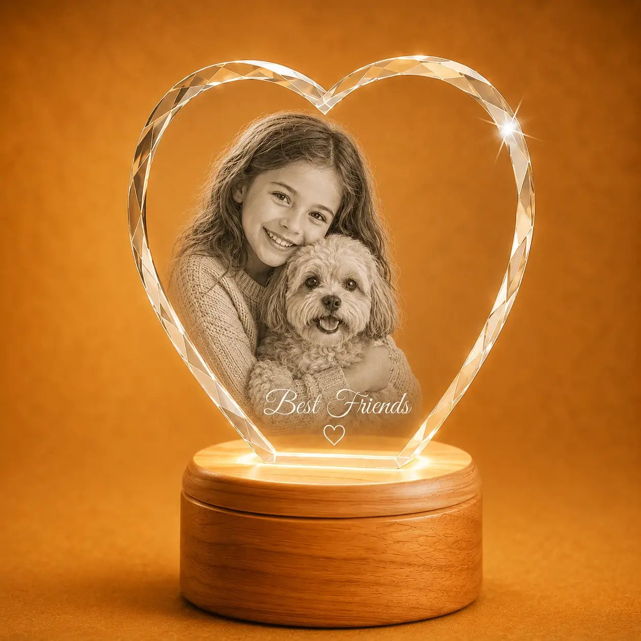 Family and pet photo faceted crystal heart gift, a thoughtful personalised gift in Australia.
