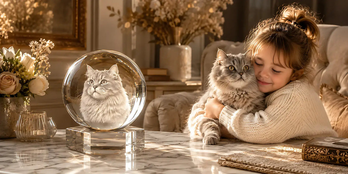 3D crystal pet photo gift with a lifelike engraved pet portrait