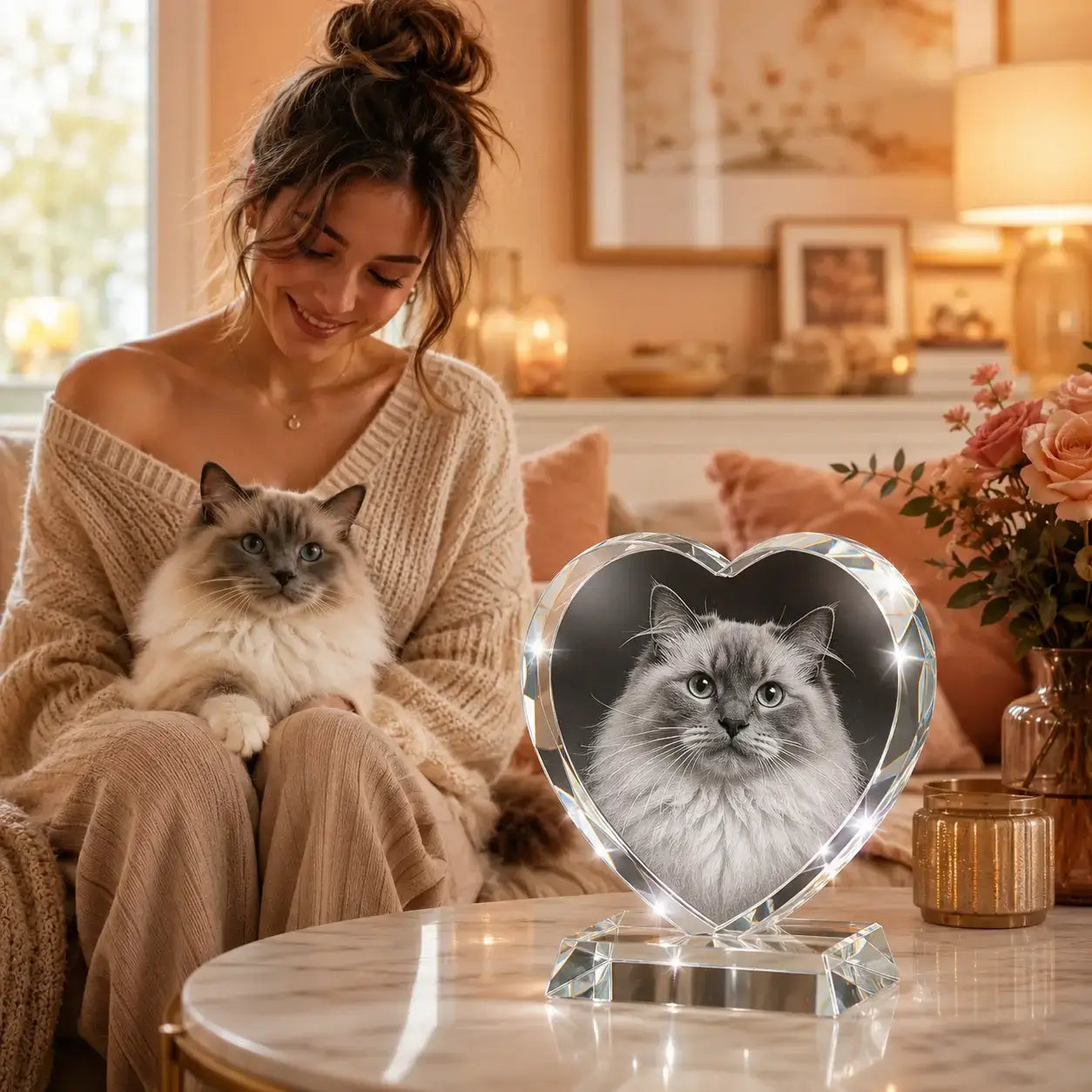Gifts for cat lovers with a heart-shaped 3D crystal pet photo gift, capturing a beautiful cat portrait in sparkling crystal.