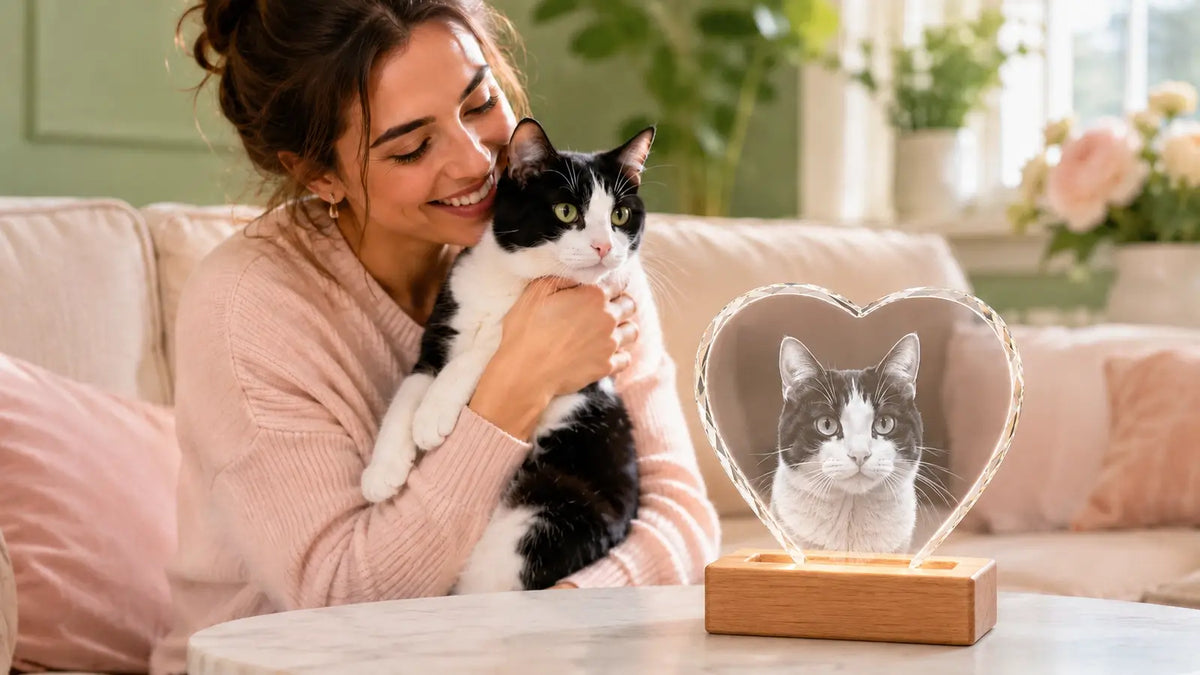 Woman cuddling her tuxedo cat beside a personalised heart-shaped 3D crystal cat photo gift on a wooden LED base.