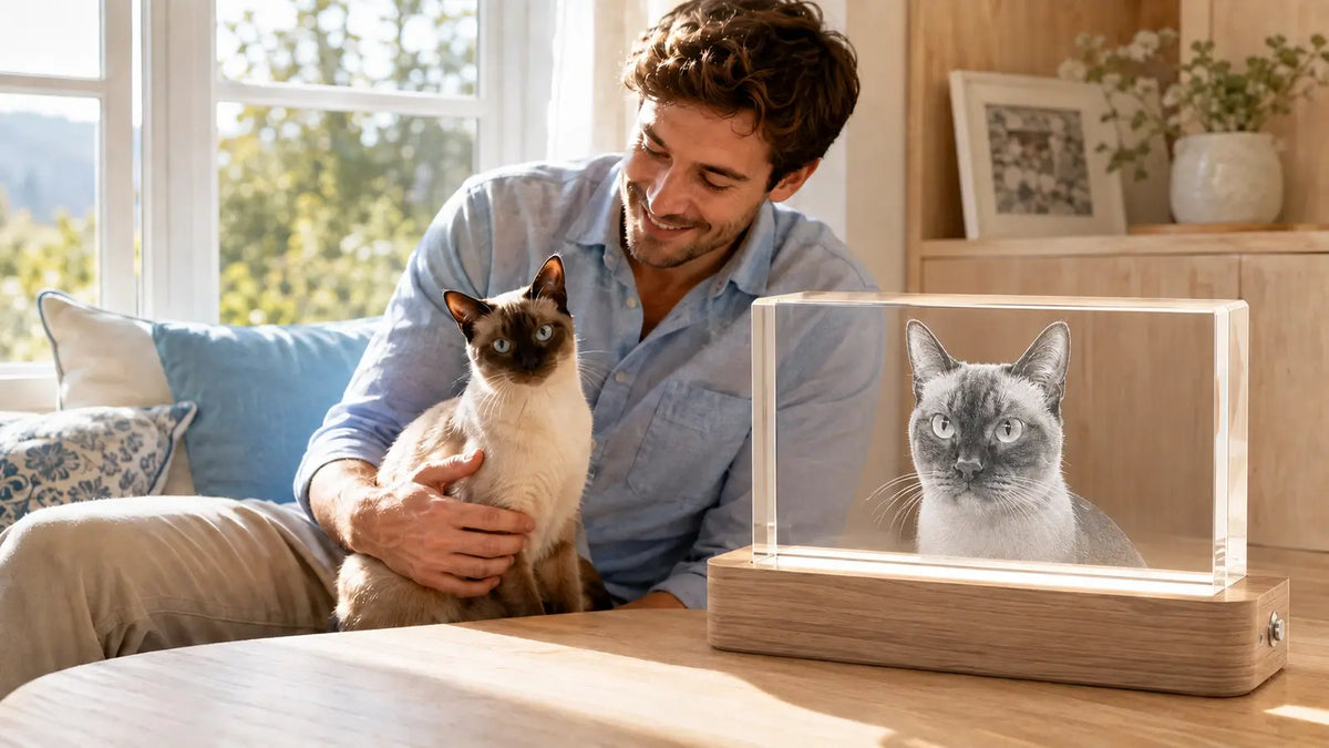 Man with his Siamese cat beside a personalised rectangular 3D crystal cat photo gift on a wooden light base.