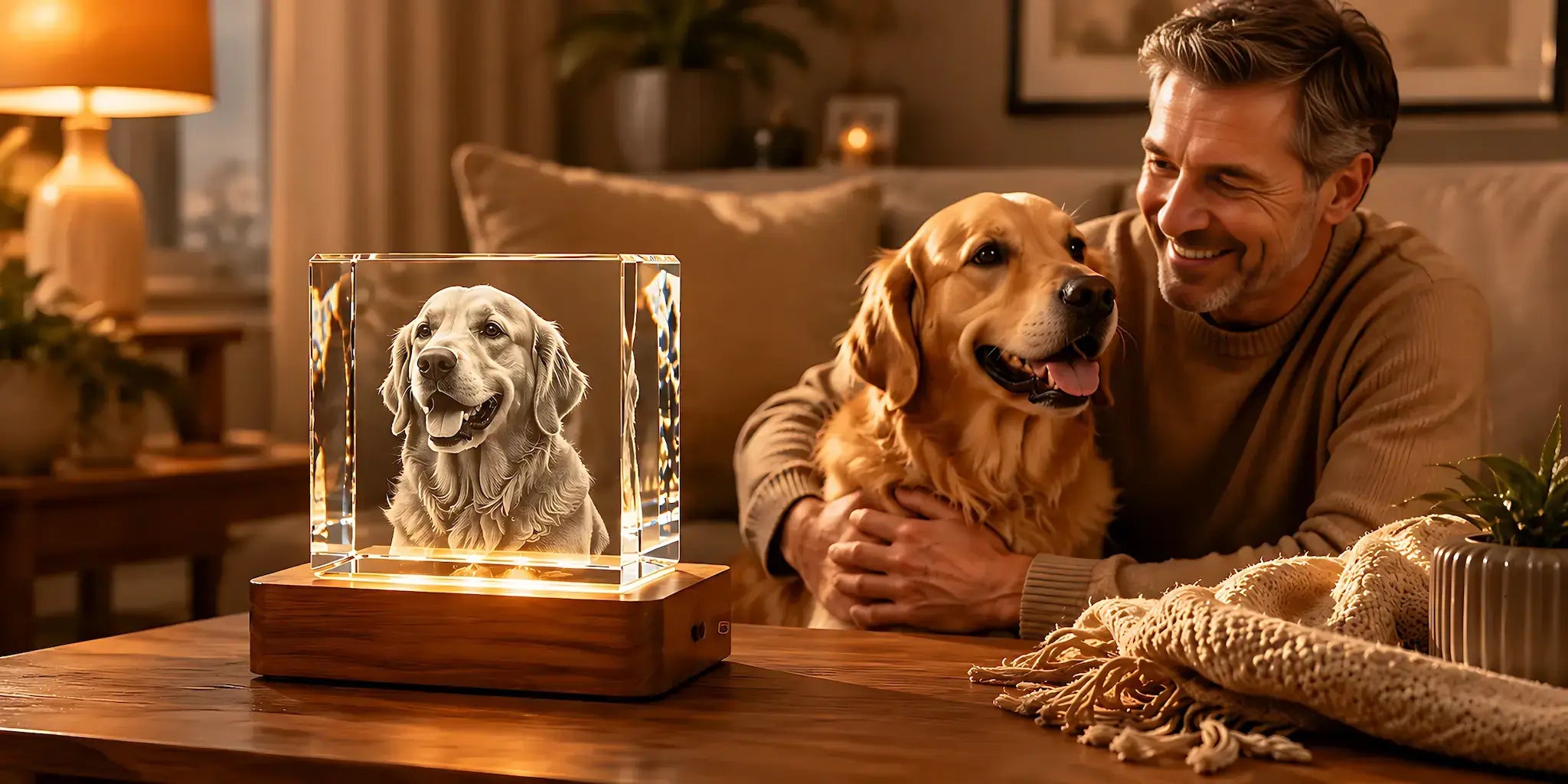 Gifts for Dog Lovers banner featuring a personalised 3D crystal dog photo gift with a happy dog lover and sparkling crystal