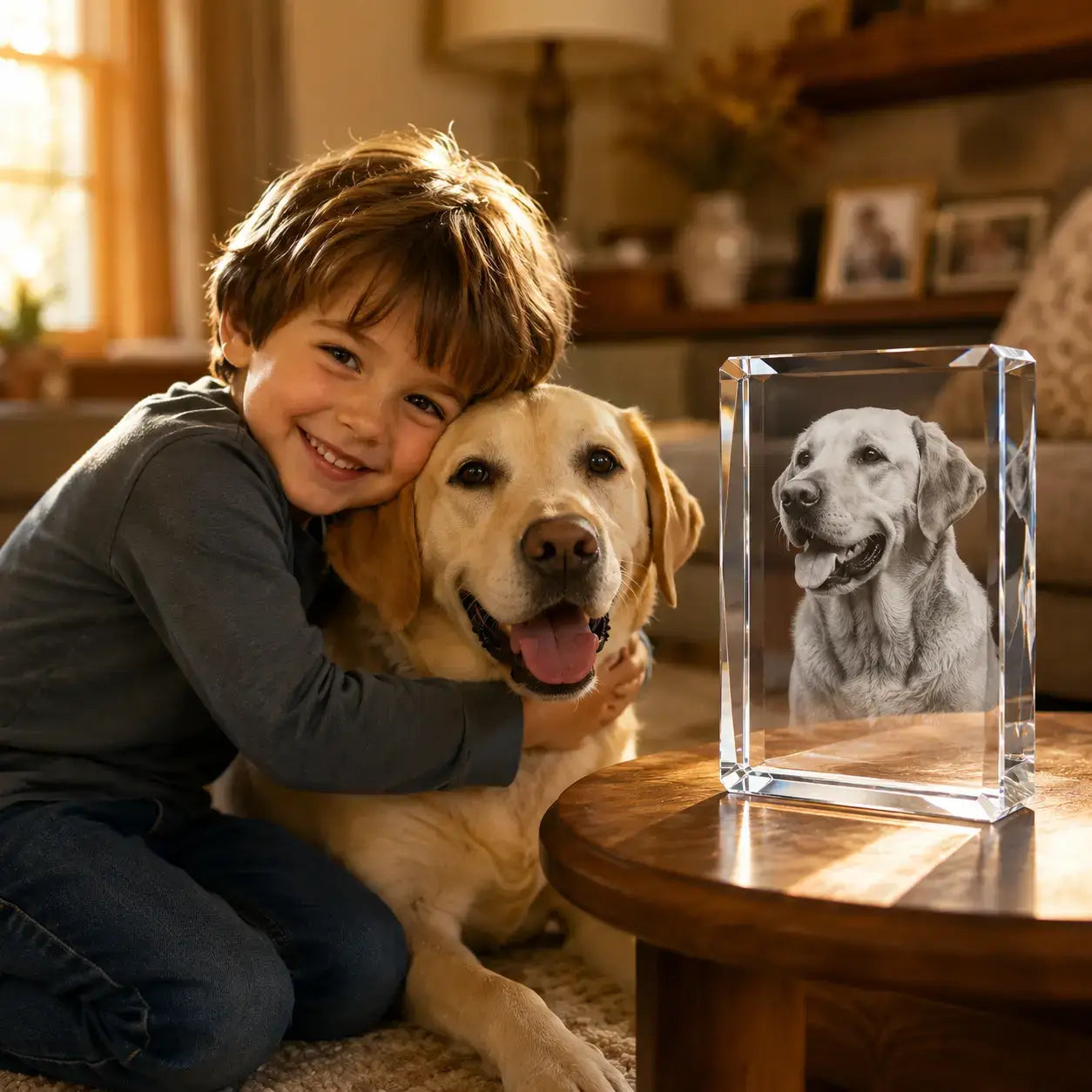 Gifts for dog lovers showing a child and dog with a personalised 3D crystal pet photo gift, celebrating loyal companionship.