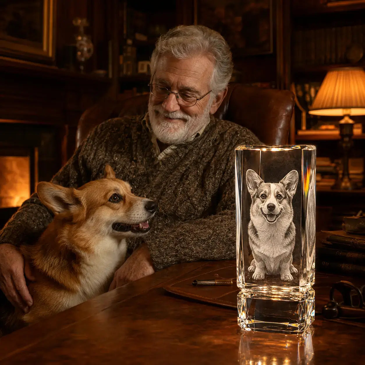 Gifts for dog lovers featuring a corgi and owner beside a premium 3D crystal pet photo gift with a detailed dog portrait.