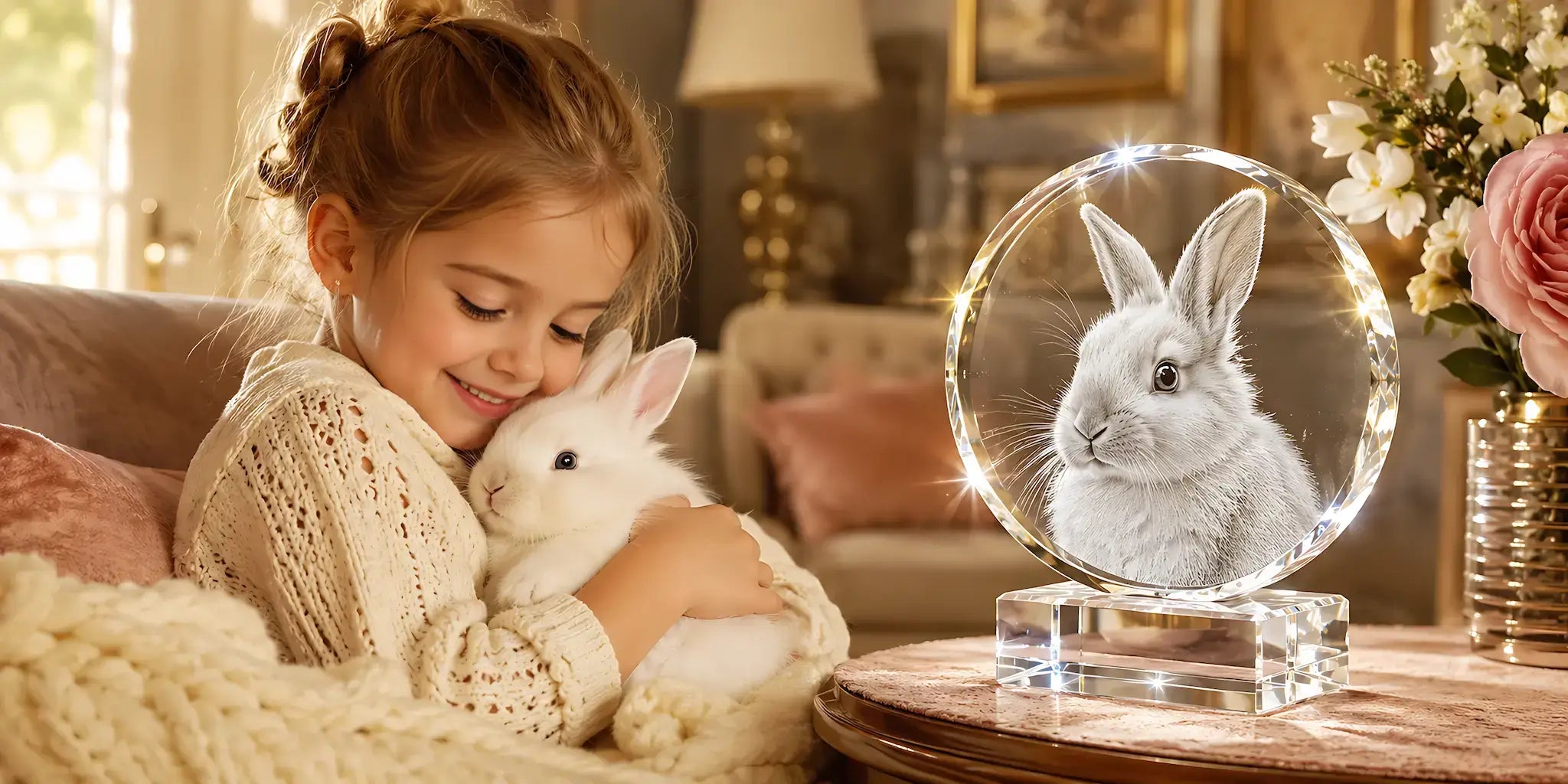 Gifts for Pet Lovers banner featuring a child with a rabbit and a personalised 3D crystal pet photo gift