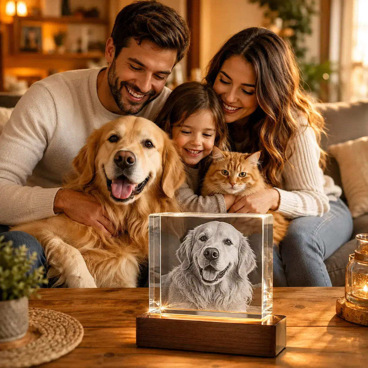 Gifts for pet lovers featuring a family with dog and cat beside a personalised 3D crystal pet photo gift in a warm home.