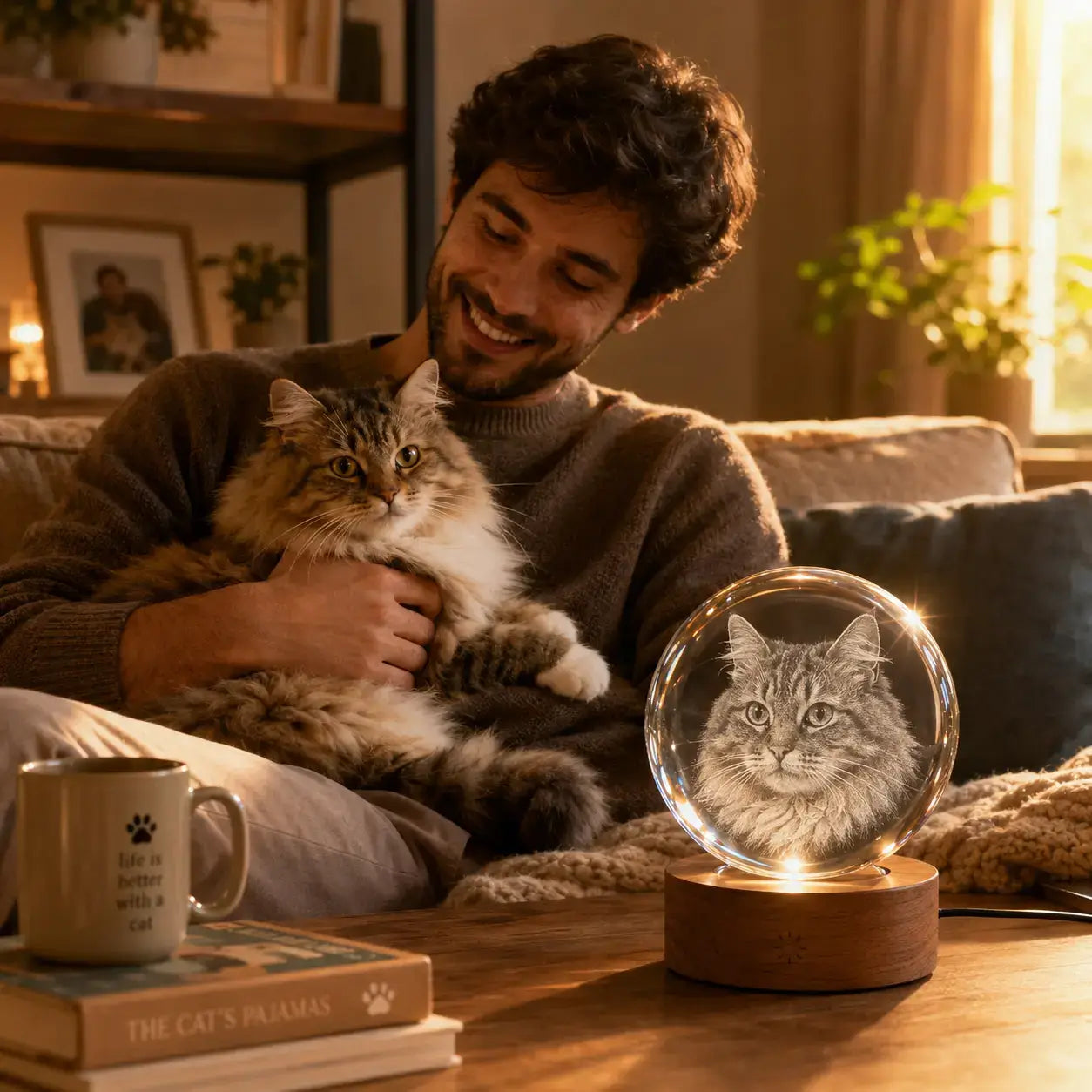 Gifts for pet owners showing a cat with a crystal ball 3D crystal pet photo gift, a warm keepsake for every pet family.