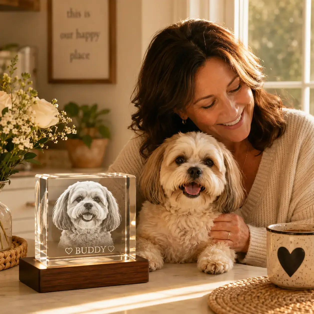 Gifts for pet owners featuring a happy dog and personalised 3D crystal pet photo gift, designed to celebrate everyday pet love.