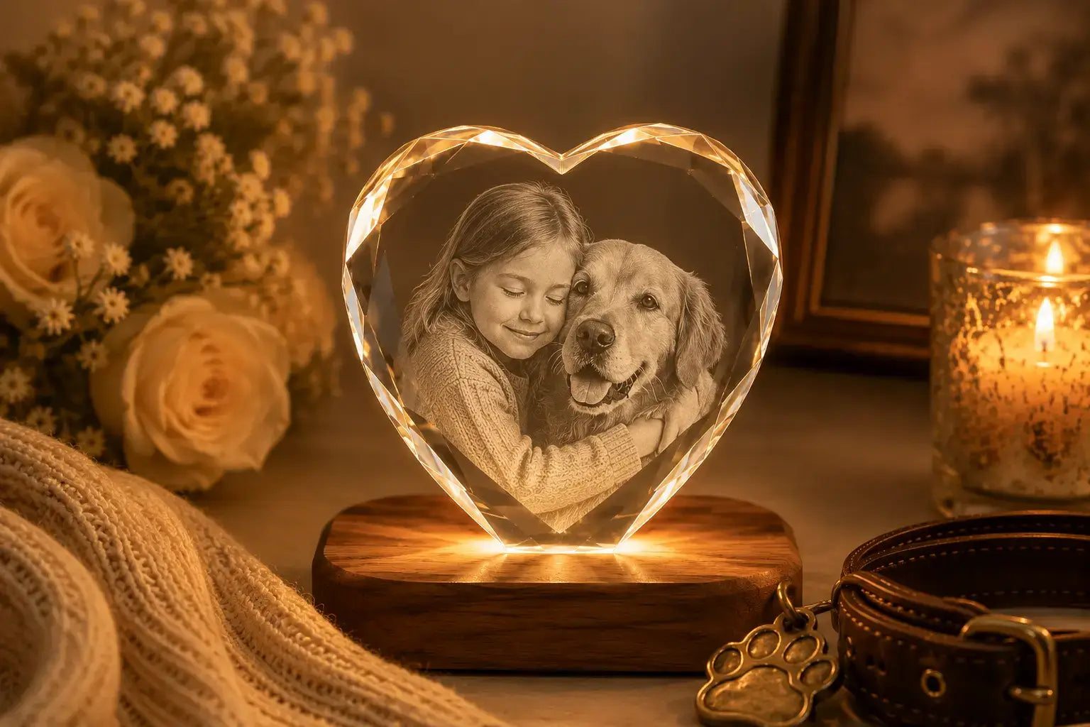 Heart-shaped 3D crystal pet memorial gift featuring a child and dog photo, glowing on a wooden LED base as a lasting keepsake.