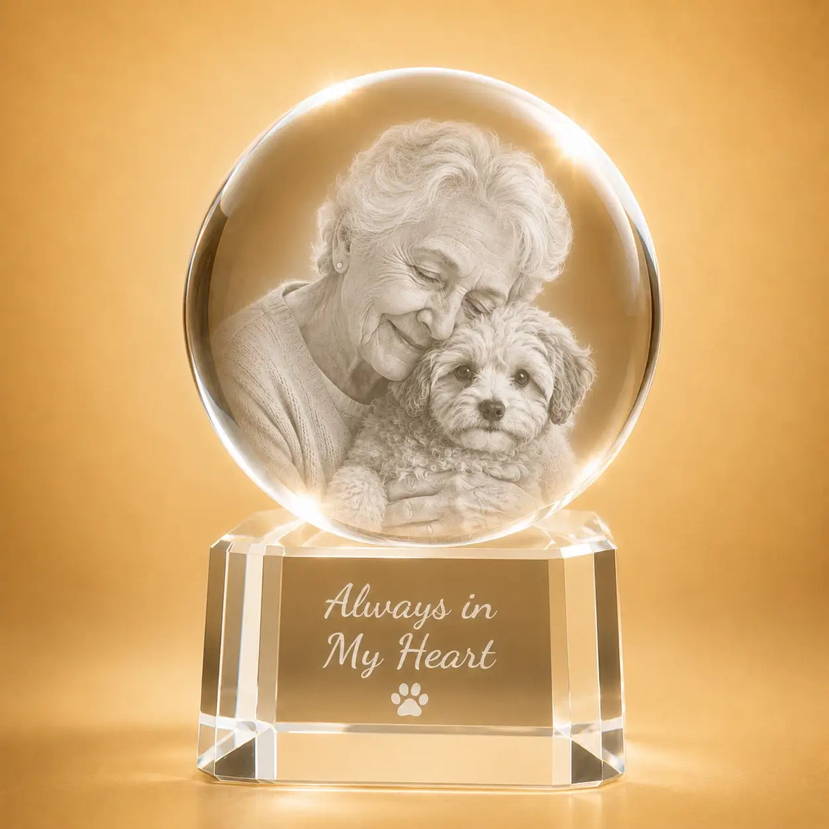 Personalised 2D crystal ball pet keepsake, ideal for crystal gifts and pet photo memories.