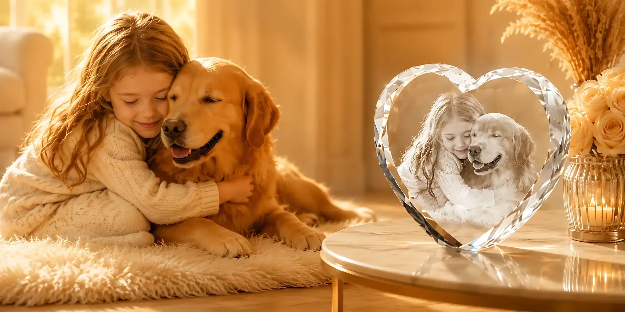 Personalised 3D crystal photo memorial gift featuring a child and pet, capturing a warm moment in a heart-shaped crystal
